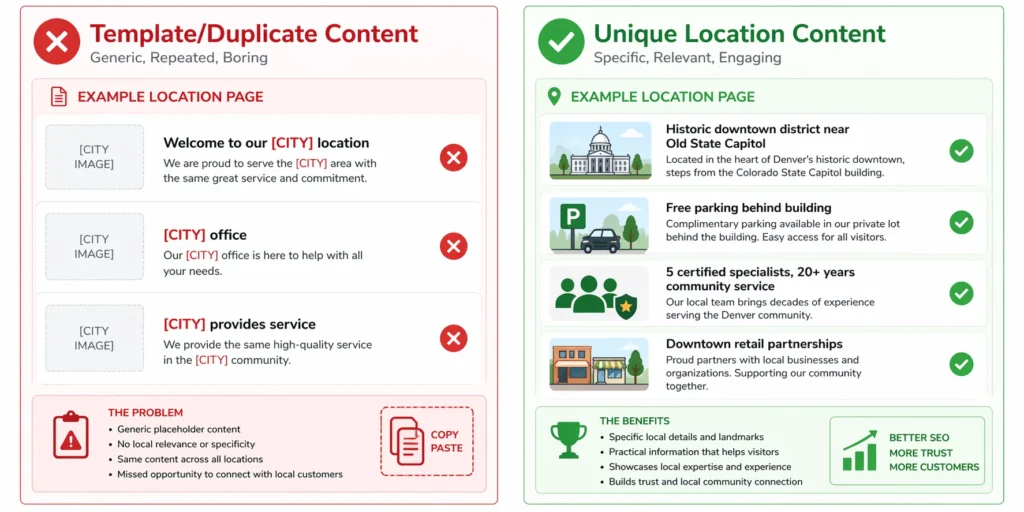 Infographic comparing template-based duplicate location page content (left) with unique, location-specific content (right), showing why unique content ranks better in local search