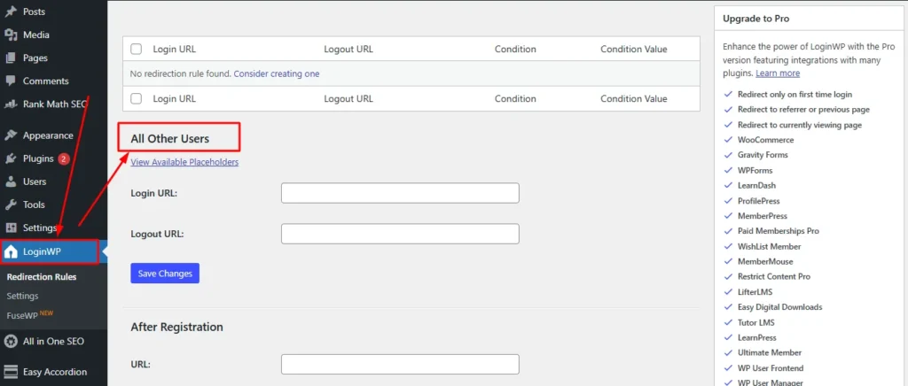 LoginWP All Other Users fallback redirect rule in WordPress