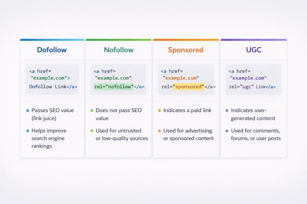 Comparison table showing differences between dofollow, nofollow,
sponsored, and UGC link attributes with HTML examples