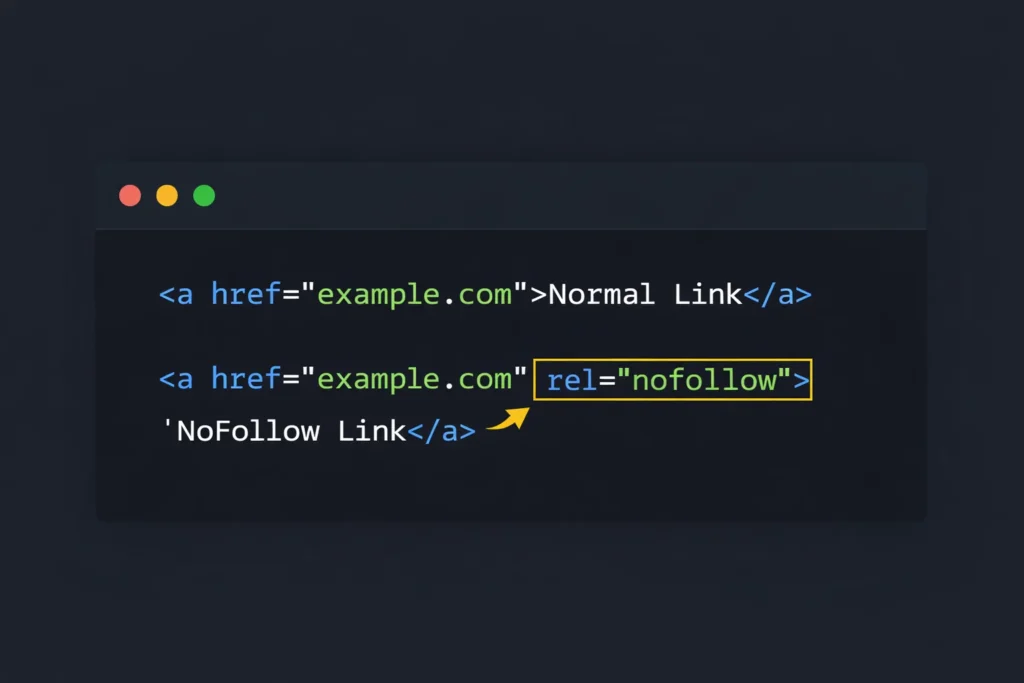 HTML code example showing nofollow link attribute syntax with
rel="nofollow" in anchor tag