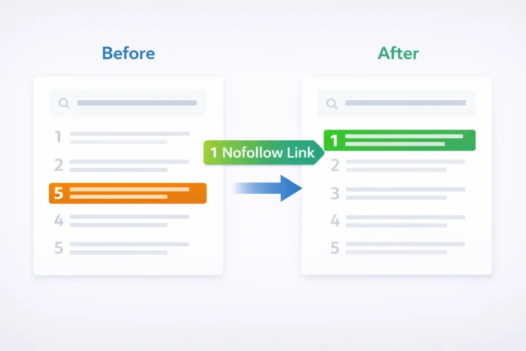 Before and after comparison showing test page ranking jump from position
5 to position 1 after receiving one nofollow link from quality source