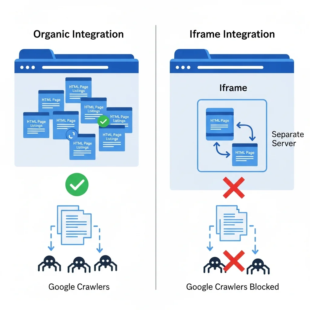 Comparison diagram showing organic IDX integration renders listings directly on WordPress domain for Google indexing, while iframe solutions prevent search engine access to listing content