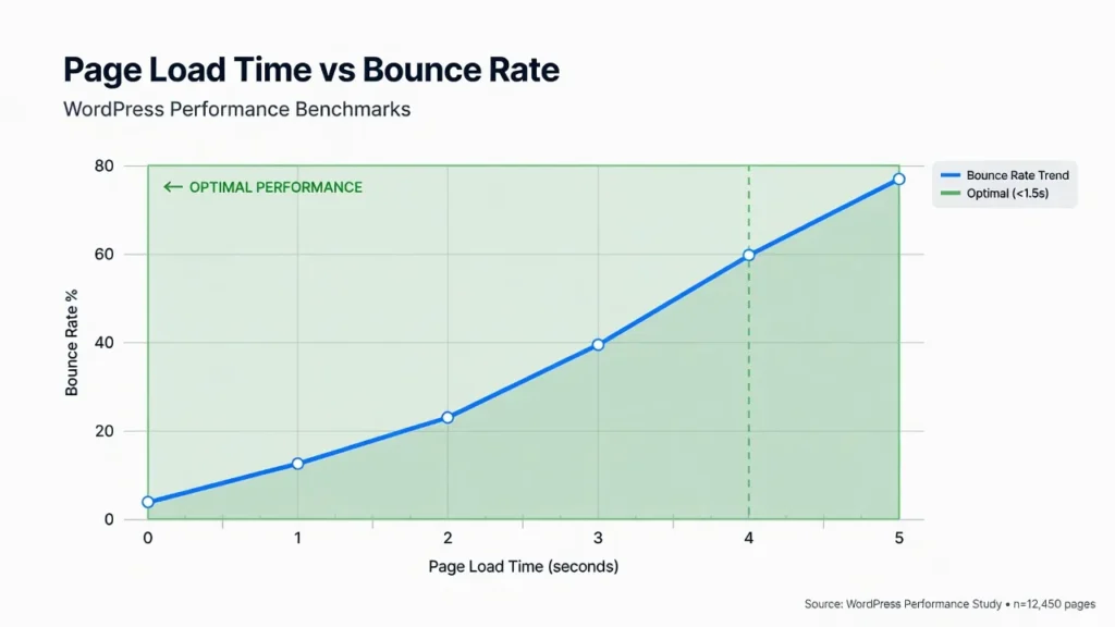 Chart showing correlation between page load time and bounce rate, with optimal performance under 1.5 seconds highlighted