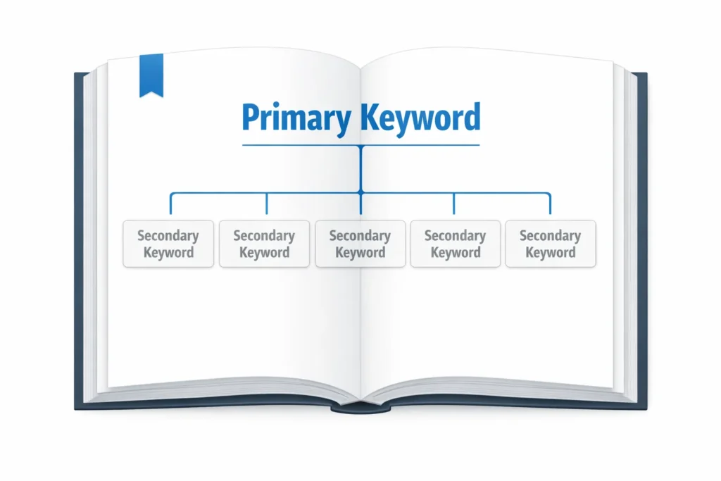 Diagram showing primary keyword as book chapter title with secondary keywords as section headings below