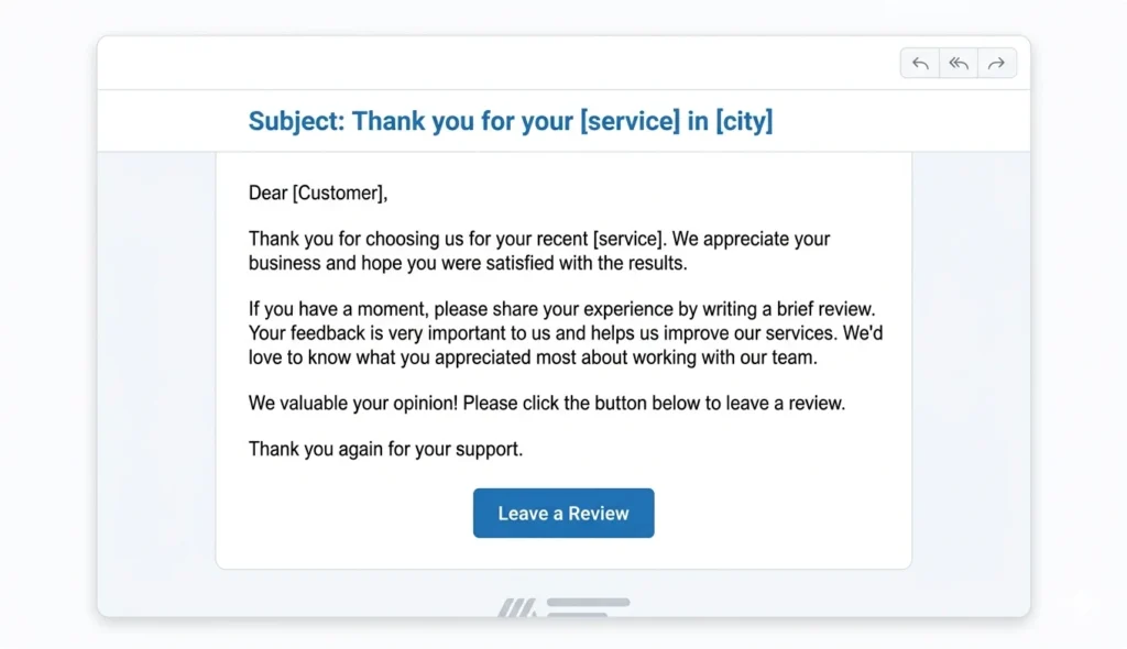 Professional email template for requesting Google Business Profile reviews with service and location mentions
