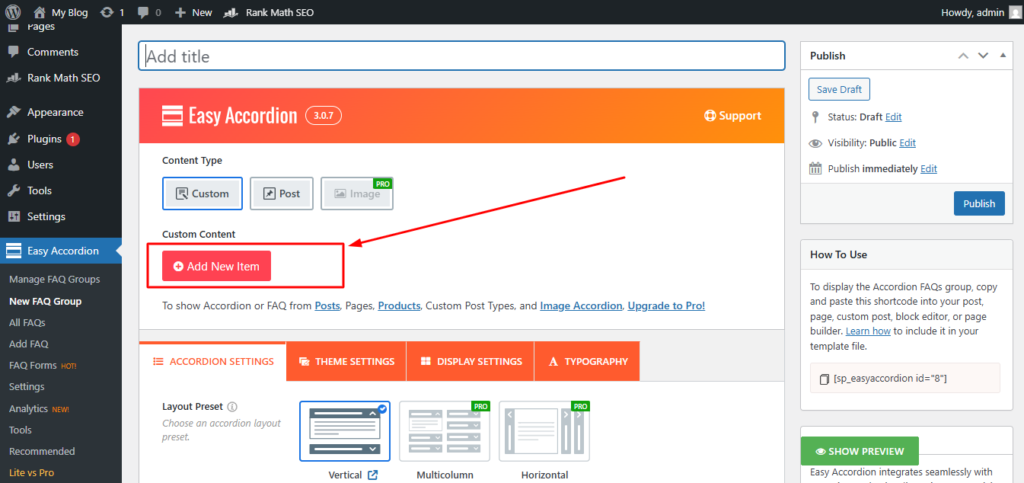 WordPress accordion plugin final step showing publish
button clicked on a page with live preview open in
new browser tab testing accordion open close function
on desktop and mobile device screen size