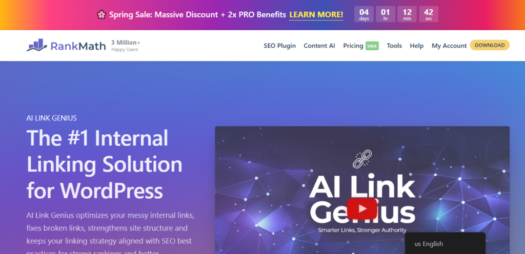 Rank Math AI Link Genius dashboard showing internal link analysis, orphan pages detection, and AI-powered link suggestions in WordPress