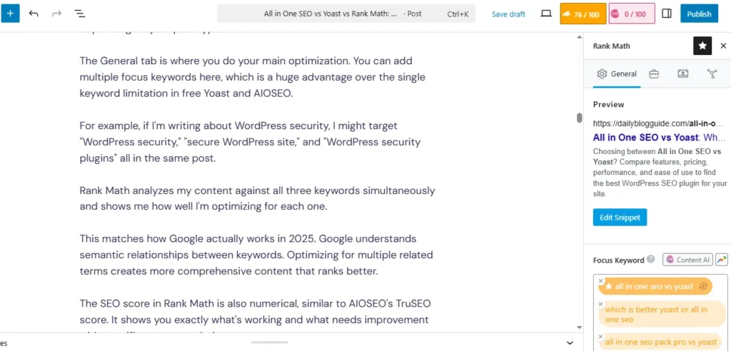 Rank Math SEO plugin meta box showing multiple focus keyword fields with unlimited keyword capability, numerical scoring system, detailed SEO analysis checklist, and tabbed interface for General, Advanced, Schema, and Social settings