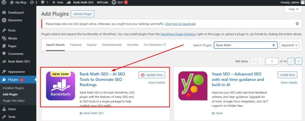 Dashboard view of the Rank Math SEO plugin in WordPress showing a numerical SEO score of 85 out of 100 with checklist recommendations.