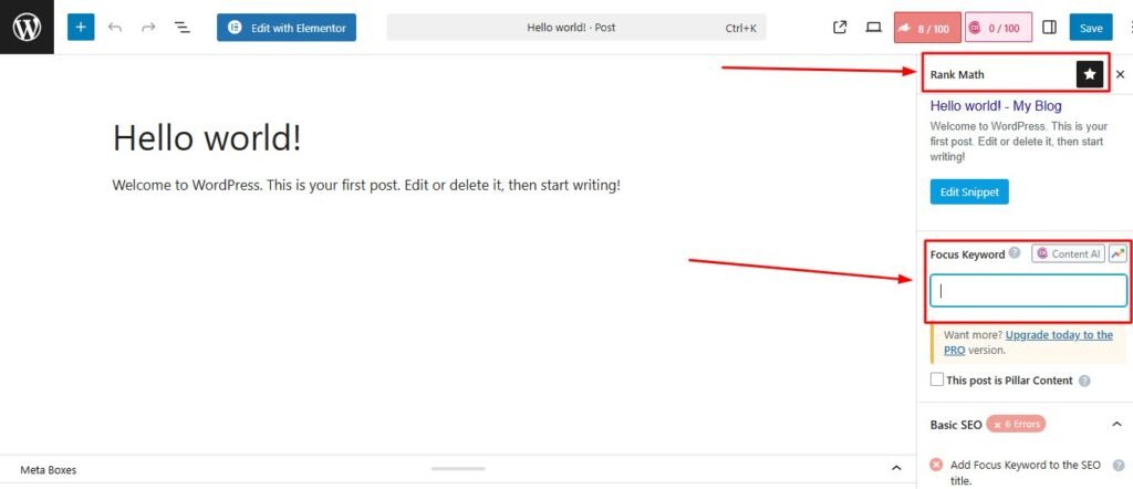 A screenshot of the Rank Math SEO interface in WordPress showing the focus keyword field, numerical SEO score of 82, and the optimization checklist.