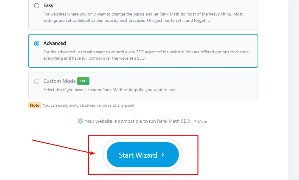 Rank Math setup wizard screen showing Quick Setup versus Advanced Setup options with recommendation to choose Advanced mode to enable redirect manager, 404 monitoring, Role Manager, and other powerful features hidden in Quick mode