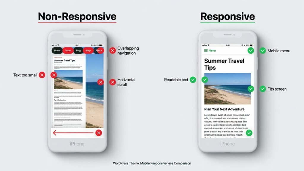 Side-by-side comparison showing responsive WordPress theme with readable text and proper mobile layout versus non-responsive theme with tiny text and horizontal scrolling