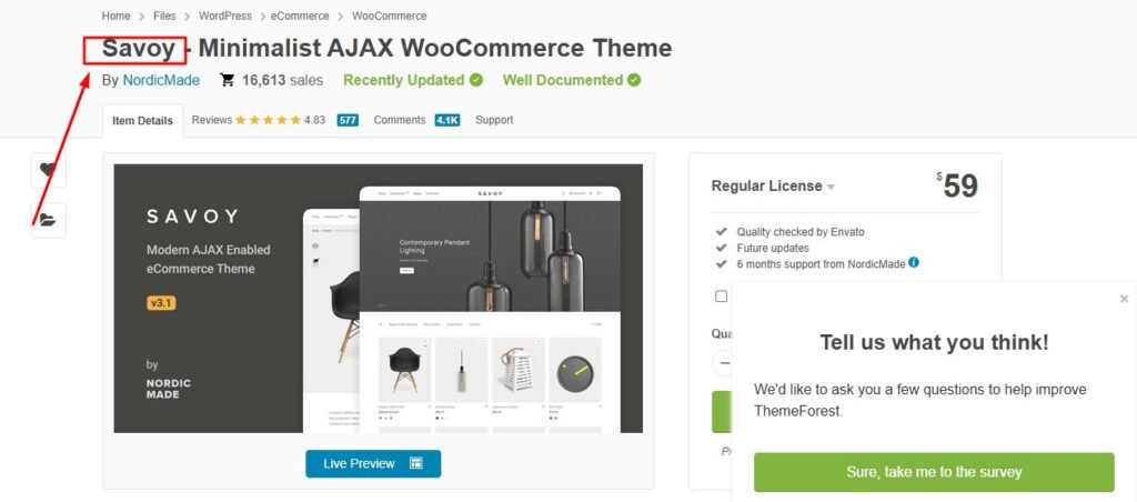 Savoy WordPress theme showing minimalist ecommerce design with elegant product display and smooth Ajax interactions.