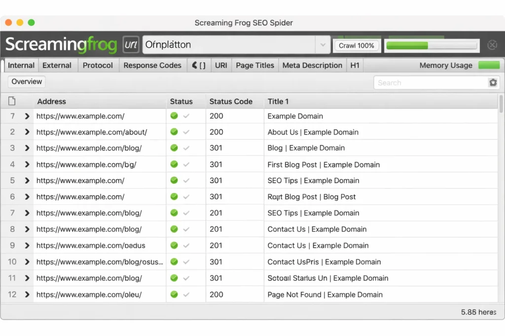 Screaming Frog SEO crawler showing cms seo testing results with successful page crawling status indicators