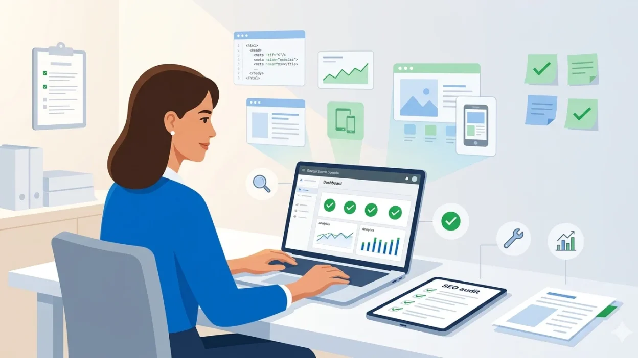 Professional digital marketer reviewing SEO audit data on laptop at organized desk with Google Search Console dashboard, checklist, and analytics charts displayed