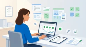 Professional digital marketer reviewing SEO audit data on laptop at organized desk with Google Search Console dashboard, checklist, and analytics charts displayed