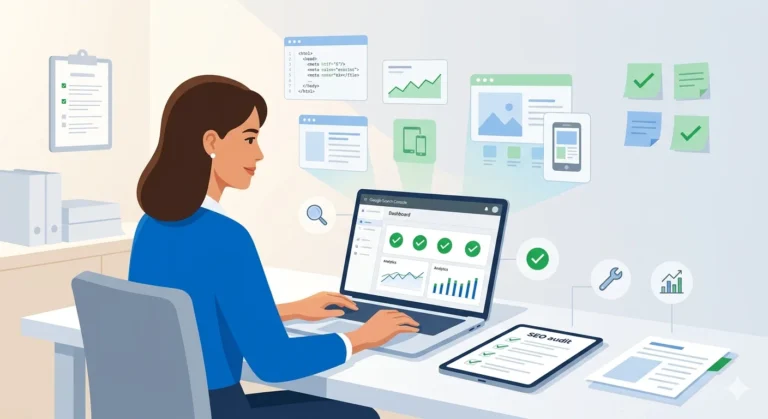 Professional digital marketer reviewing SEO audit data on laptop at organized desk with Google Search Console dashboard, checklist, and analytics charts displayed