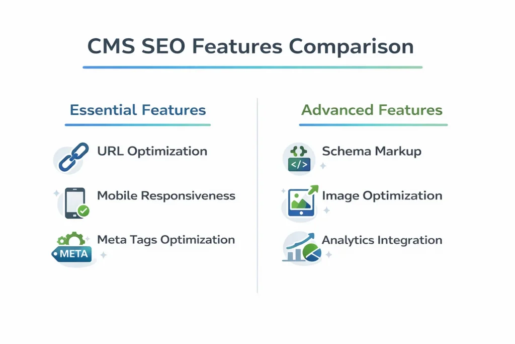 Infographic showing essential seo friendly cms features including mobile responsiveness and meta tag control versus advanced features