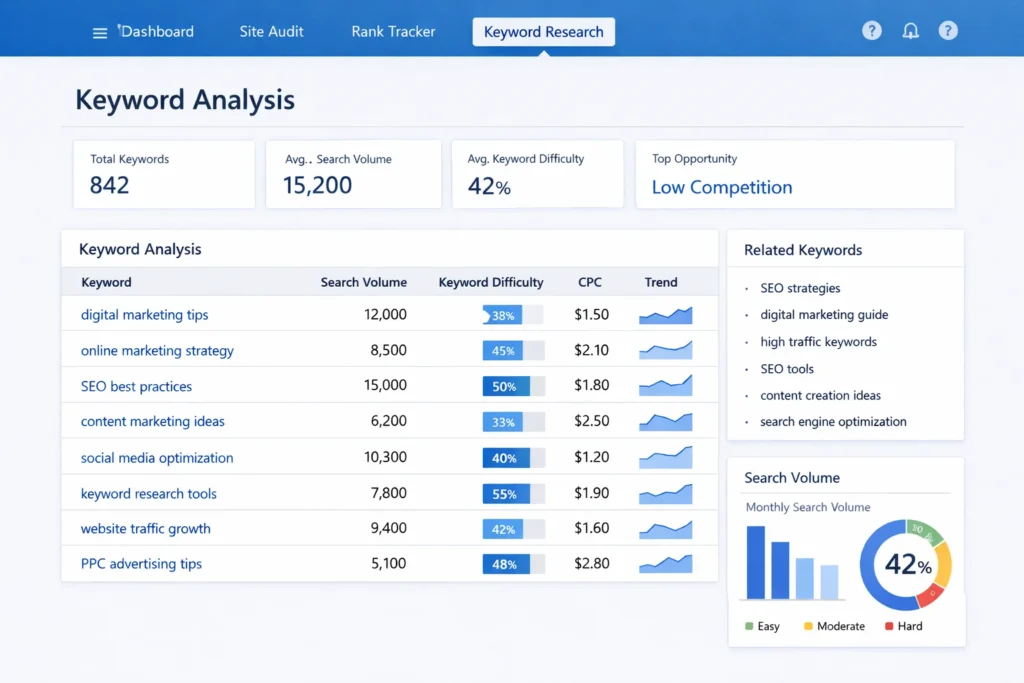 Screenshot of SEO tool dashboard showing keyword research results with search volume and difficulty data