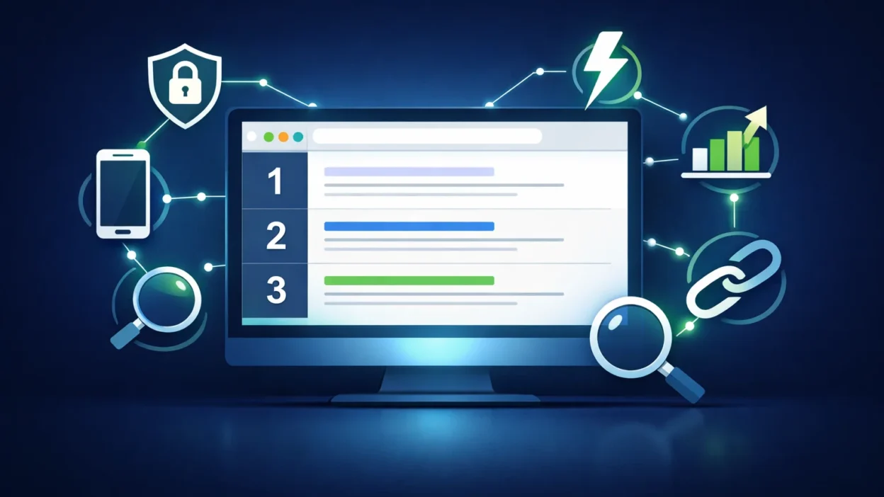 Illustration showing SEO ranking factors including backlinks page speed mobile optimization and search intent icons around a Google search results screen