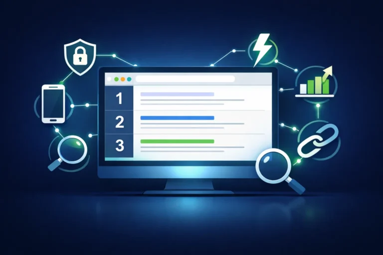Illustration showing SEO ranking factors including backlinks page speed mobile optimization and search intent icons around a Google search results screen