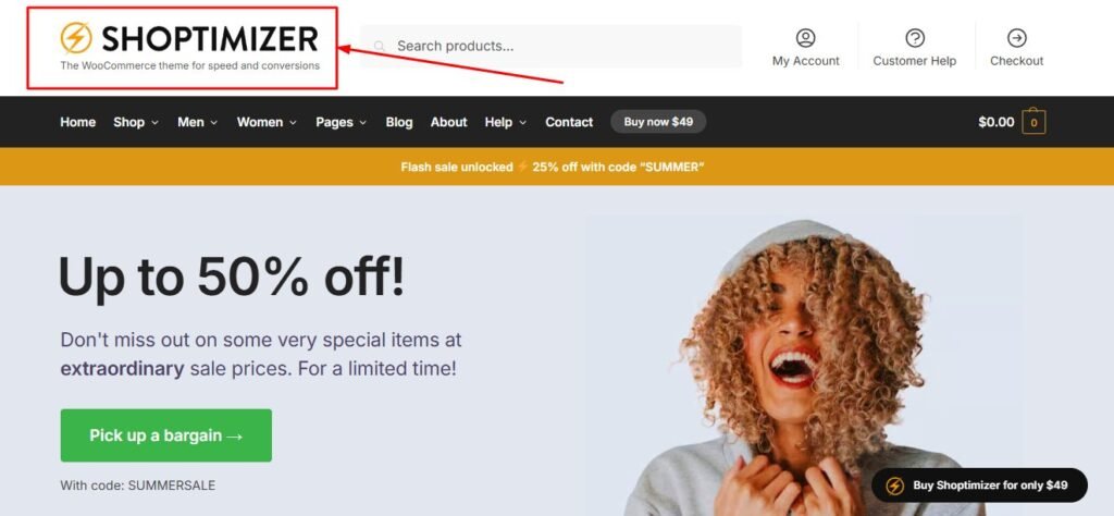 Shoptimizer WordPress theme showing fast-loading ecommerce layout optimized for SEO and conversions.