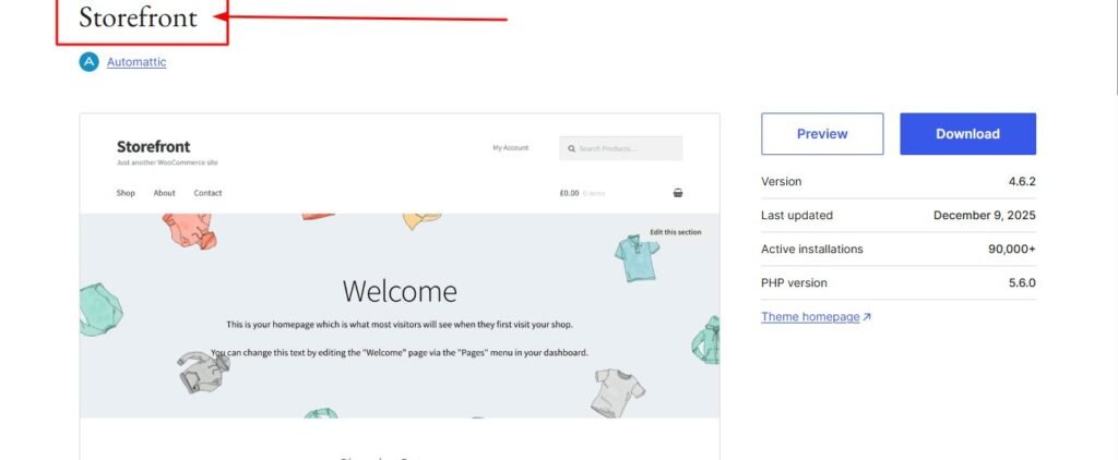 Storefront WooCommerce theme homepage showing clean product grid layout and simple design.