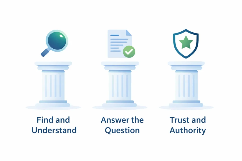 Three pillars illustration representing the core Google ranking factors crawling and indexing search intent and content quality and trust and authority