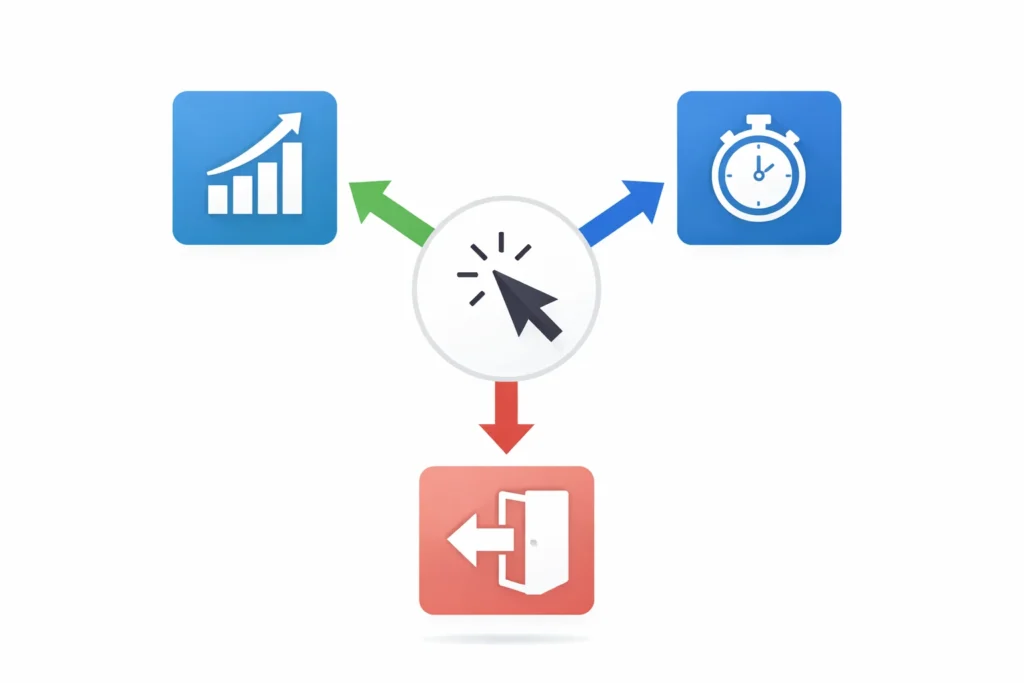 Circular diagram showing user experience ranking signals including click through rate dwell time and bounce rate as Google measures user behavior for SEO rankings