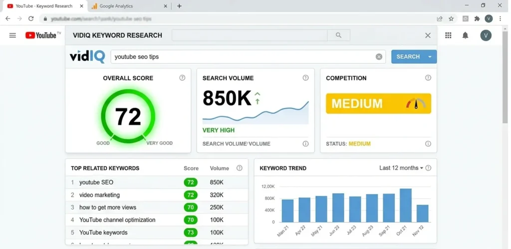 VidIQ browser extension showing keyword score of 72 with 850K search volume and medium competition level for YouTube SEO research