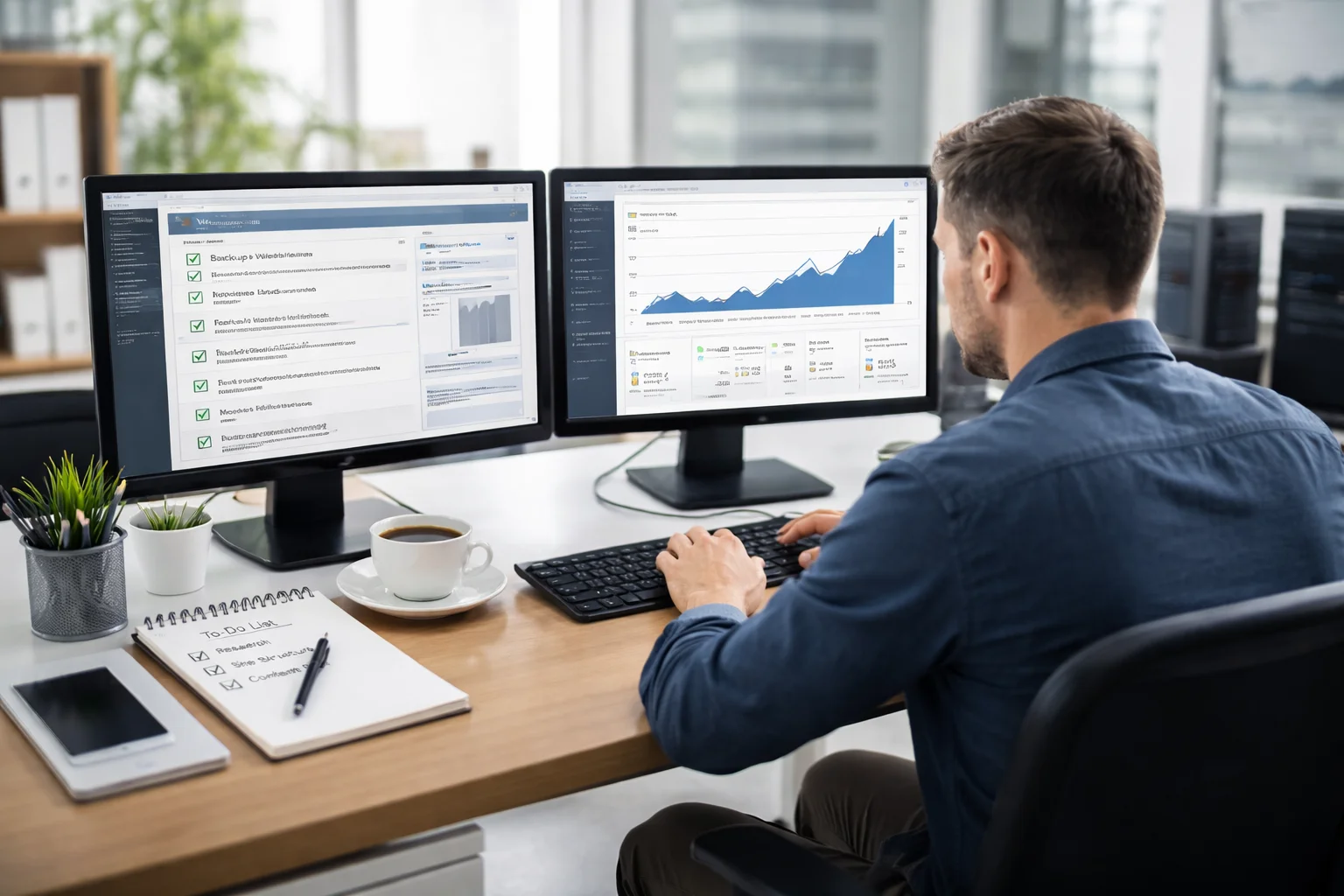 Professional web developer working on dual monitors displaying website analytics and migration checklist in a modern office workspace