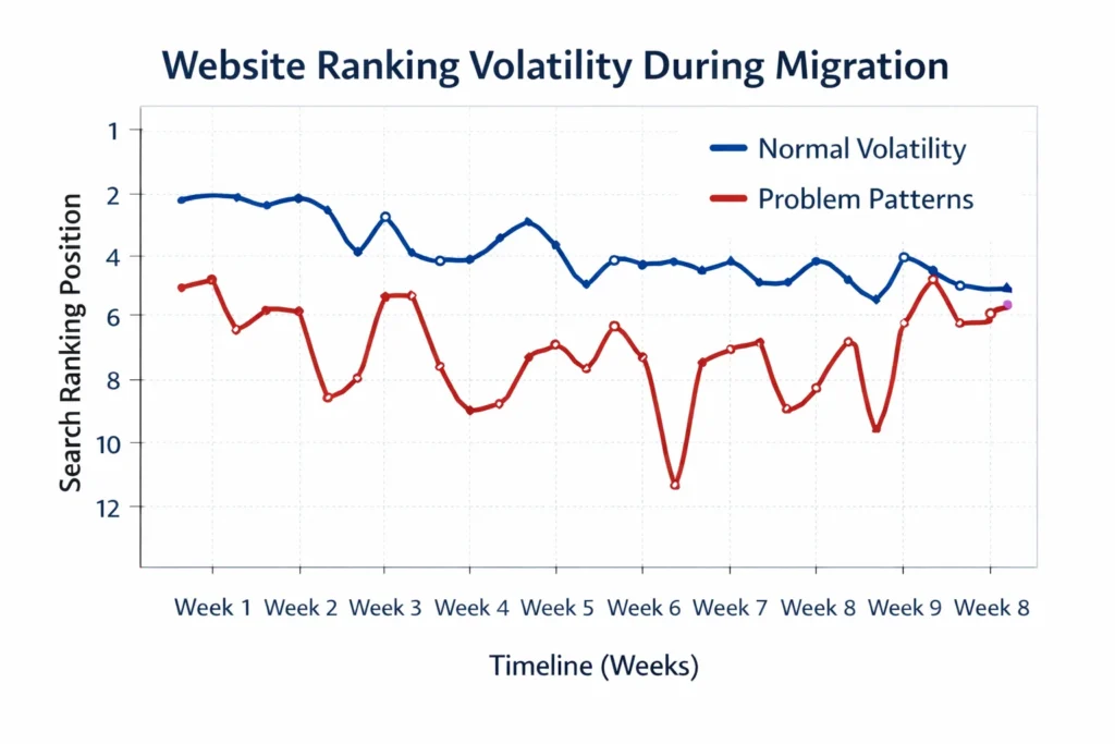 Chart showing normal vs problematic ranking patterns during website migration volatility window over 8 weeks