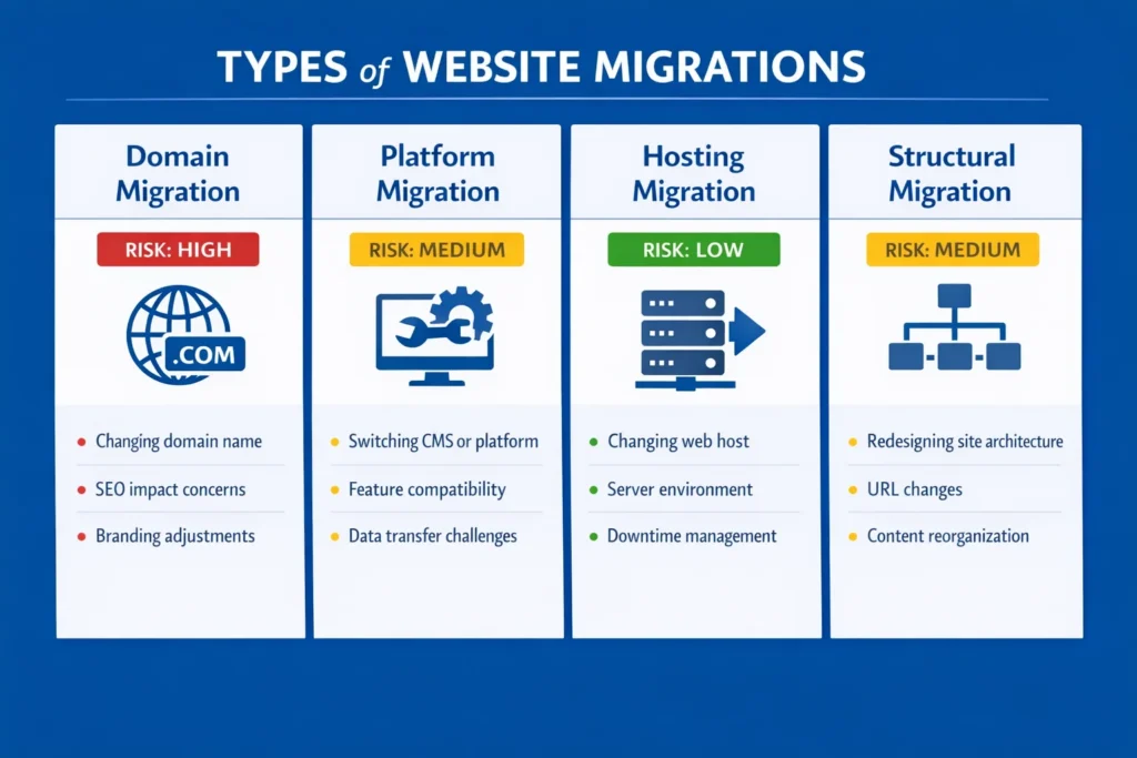 Infographic comparing four website migration types showing domain, platform, hosting and structural migrations with their SEO risk levels