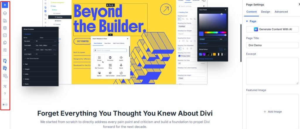Divi theme builder visual interface in WordPress with drag and drop modules and live page editing