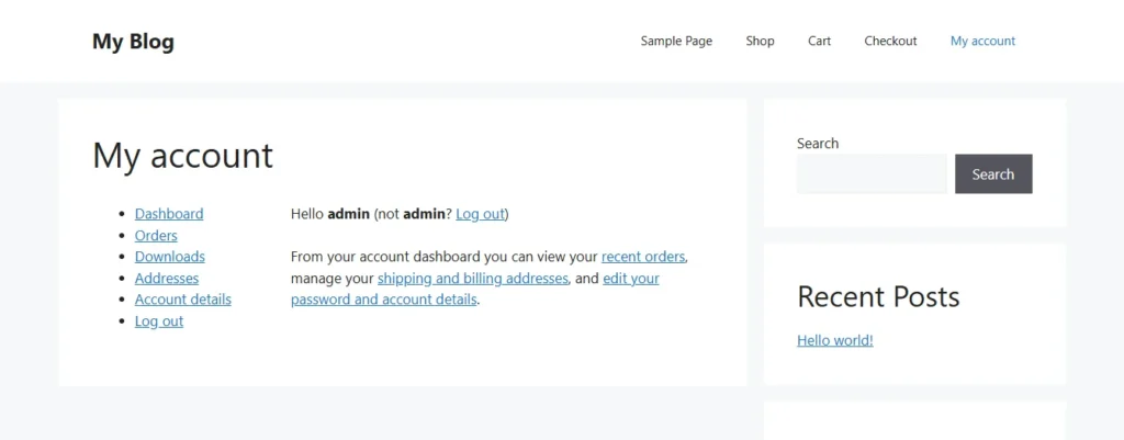 WooCommerce customer login redirect to My Account page showing user accessing orders and account details after login