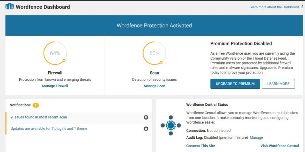 Wordfence security plugin dashboard showing firewall and malware protection for WordPress beginners