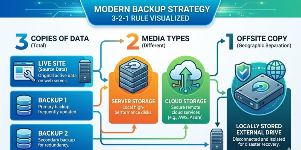 3-2-1 backup rule for WordPress showing three copies two storage types and one offsite cloud backup