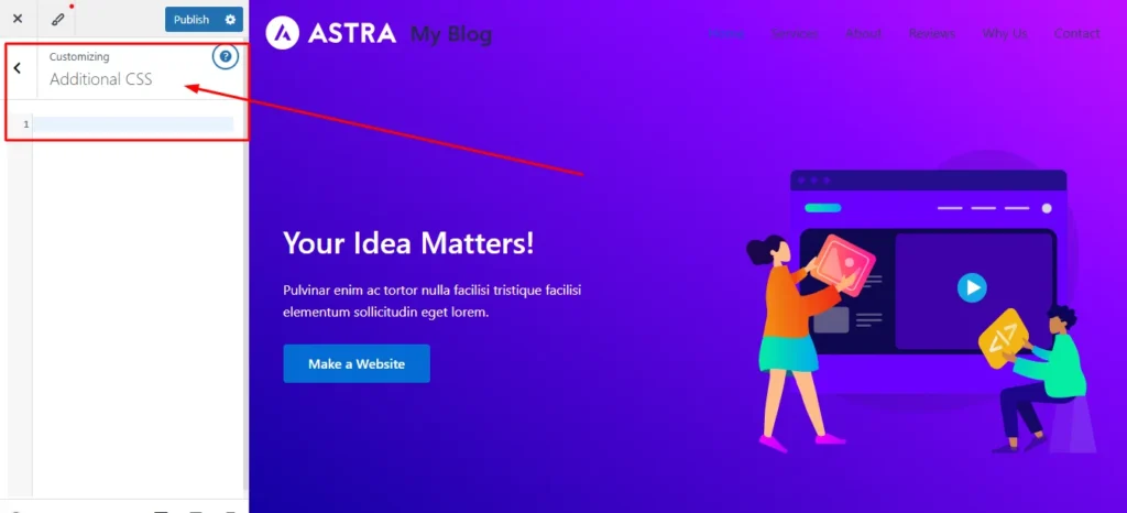 Screenshot of the WordPress Customizer sidebar with the Additional CSS section open, showing a sample @keyframes code block.
