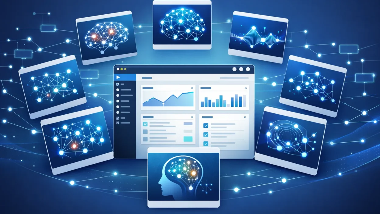 Modern WordPress dashboard with AI-powered plugin cards and interconnected SEO network visualization in blue and teal theme