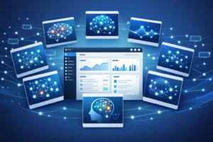 Modern WordPress dashboard with AI-powered plugin cards and interconnected SEO network visualization in blue and teal theme