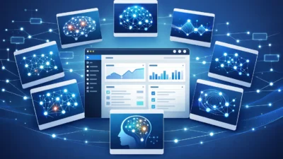 Modern WordPress dashboard with AI-powered plugin cards and interconnected SEO network visualization in blue and teal theme