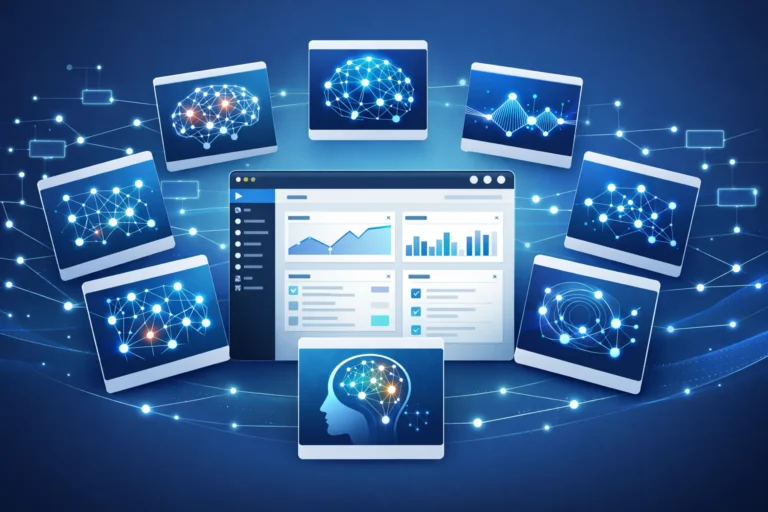 Modern WordPress dashboard with AI-powered plugin cards and interconnected SEO network visualization in blue and teal theme