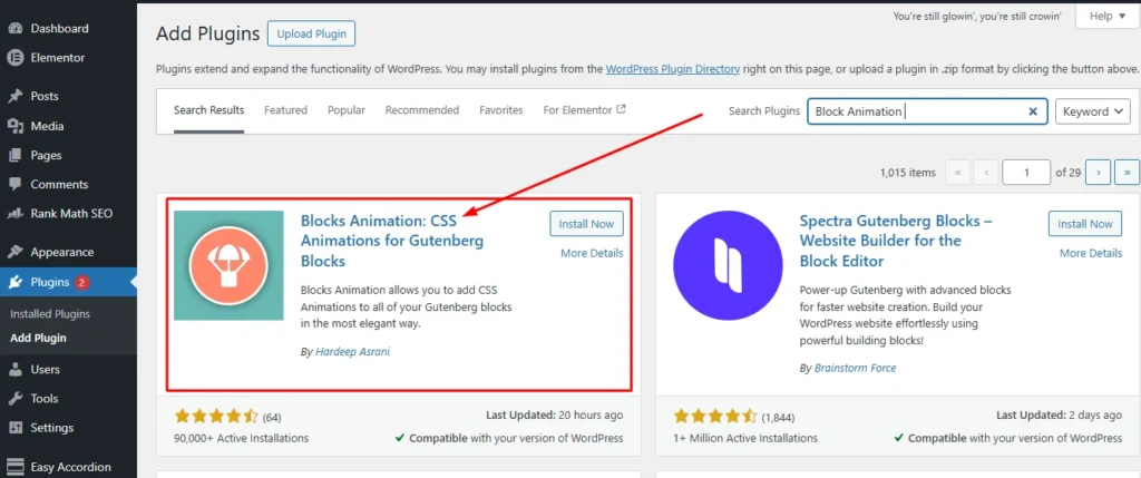Screenshot of the WordPress Block Editor sidebar showing the 'Animations' tab added by the Block Animation plugin.