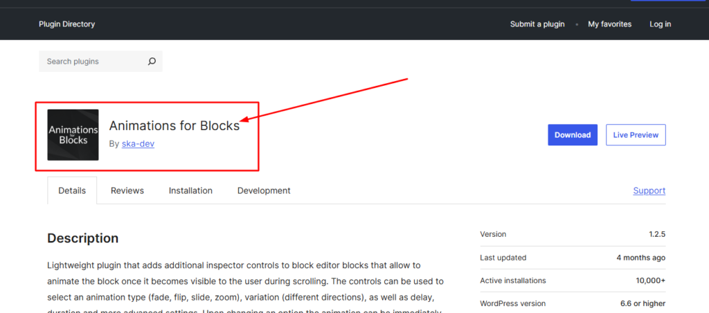 A step-by-step visual guide showing the process from installing the Block Animation plugin to choosing an effect and previewing the live page.