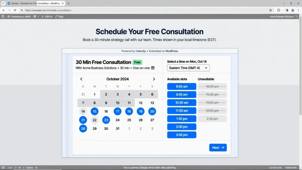 Screenshot showing a Calendly calendar properly embedded inline on a WordPress page with event name, date picker, and available time slots visible.