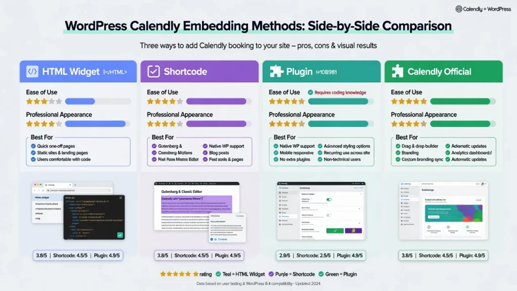 Infographic comparing three methods to embed Calendly in WordPress: HTML Widget, Shortcode, and Plugin, showing ease, professional appearance, and best use cases.
