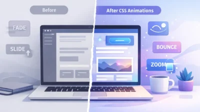 Clean illustration of a WordPress dashboard showing before and after CSS animations with fading text, sliding cards, zoom effects, and animated UI elements.
