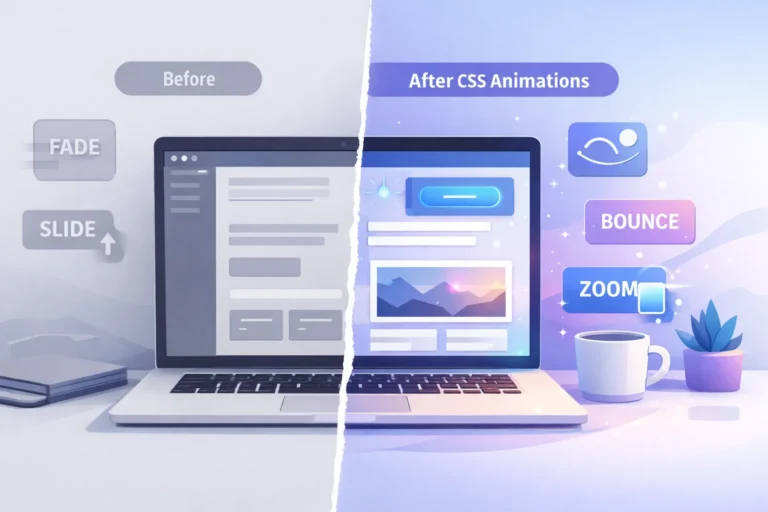 Clean illustration of a WordPress dashboard showing before and after CSS animations with fading text, sliding cards, zoom effects, and animated UI elements.