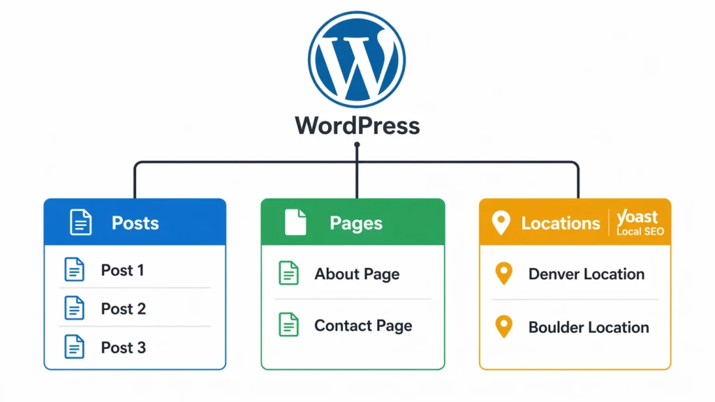Diagram showing WordPress custom post type structure with Posts, Pages, and Locations boxes, illustrating how Yoast Local SEO creates a separate content management system for business locations