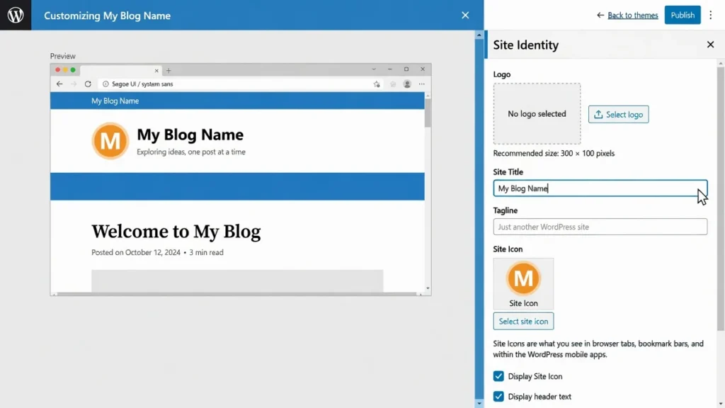 Screenshot of WordPress Customizer showing Site Identity panel with logo upload, site title, tagline, and site icon customization options